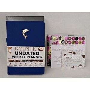 NEW Dolphin Pro Undated Premium Weekly Planner 12 Month Blue Stickers
